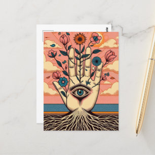 Gewortelde surrealistische tuinders hand met roze  briefkaart