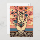 Gewortelde surrealistische tuinders hand met roze  briefkaart (Voorkant / Achterkant)