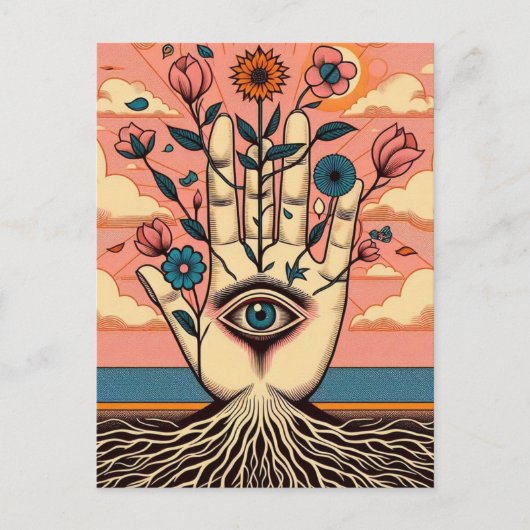 Gewortelde surrealistische tuinders hand met roze  briefkaart (Voorkant)