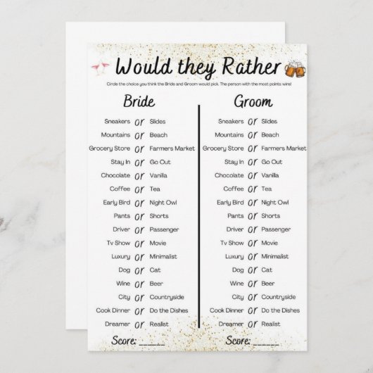 Gezamenlijk Bachelor/Bachelorette Party Spel Kaart (Voorkant / Achterkant)