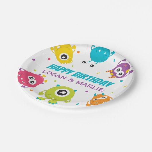Gezamenlijk Monster Verjaardagsfeest Papieren Bordje (Gekanteld)