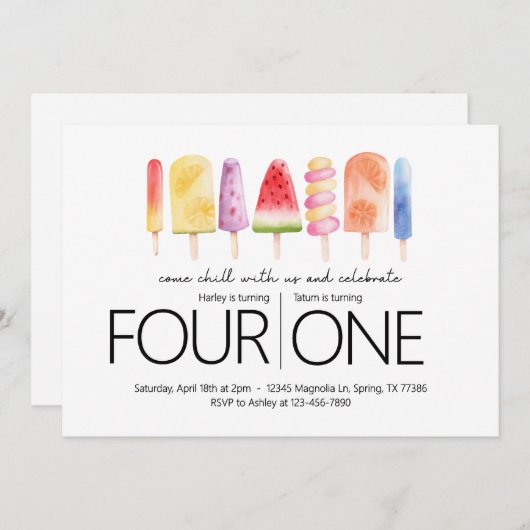 Gezamenlijk verjaardagsfeest - Popsicle Party Them Kaart (Voorkant / Achterkant)