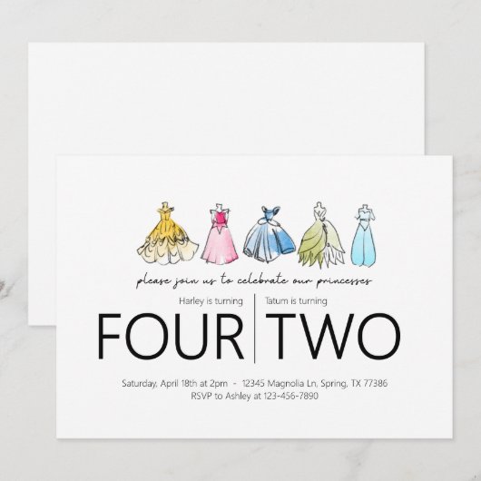 Gezamenlijk verjaardagsfeest - Prinses Jurken Them Kaart (Voorkant / Achterkant)