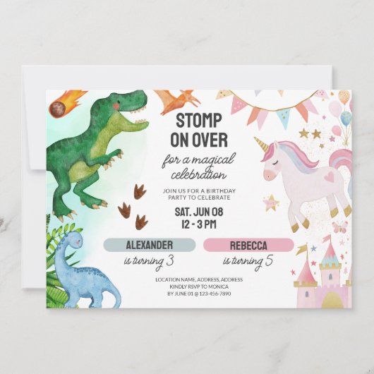 Gezamenlijke Dinosaurus & Eenhoorn Jongen Meisje V Kaart (Voorkant)