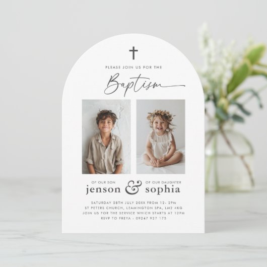 Gezamenlijke doop 2 Fotoboog Uitnodiging (Staand voorkant)