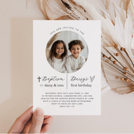 Gezamenlijke doop en 1e verjaardag foto uitnodigin kaart