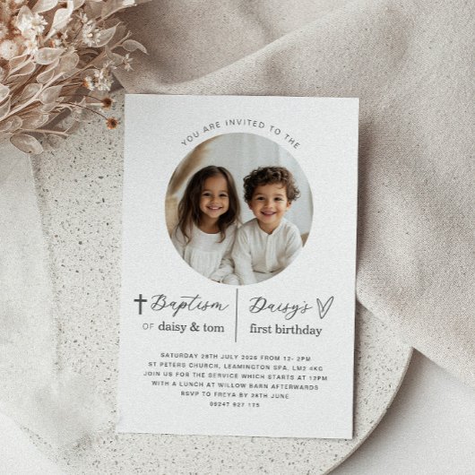 Gezamenlijke doop en 1e verjaardag foto uitnodigin kaart