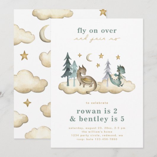 Gezamenlijke Dragons Birthday Invitation | Gezamen Kaart (Voorkant / Achterkant)