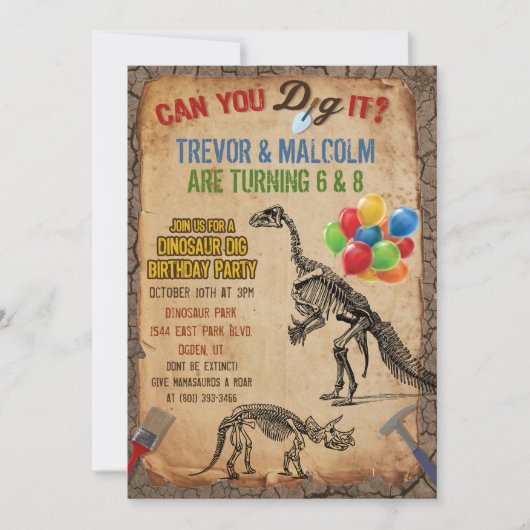 Gezamenlijke Dual Dinosaurus Dig Verjaardagsfeestu Kaart (Voorkant)