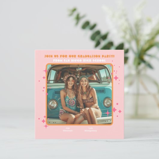 Gezamenlijke Hippie Foto Graduation Party 2 persoo Kaart (Staand voorkant)