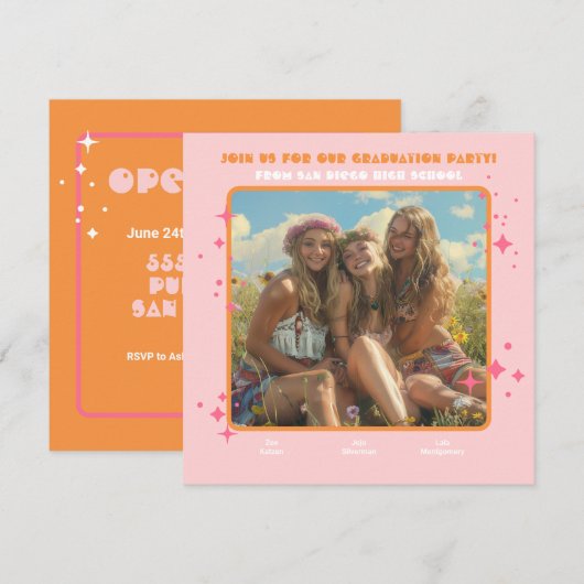 Gezamenlijke Hippie Foto Graduation Party 3 persoo Kaart (Voorkant / Achterkant)