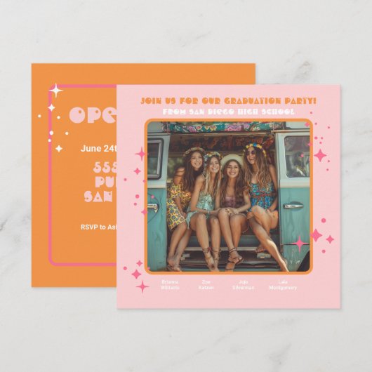 Gezamenlijke Hippie Foto Graduation Party 4 persoo Kaart (Voorkant / Achterkant)