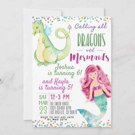 Gezamenlijke Mermaid Dinosaur Verjaardag Uitnodigi Kaart (Voorkant)