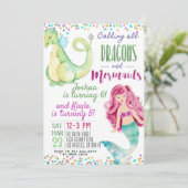 Gezamenlijke Mermaid Dinosaur Verjaardag Uitnodigi Kaart (Staand voorkant)