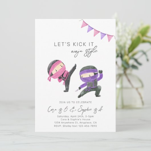 Gezamenlijke Ninja-verjaardagsuitnodiging | Meisje Kaart (Staand voorkant)
