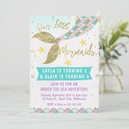 Gezamenlijke of tweeling Mermaid Tail Birthday-uit Kaart (Staand voorkant)