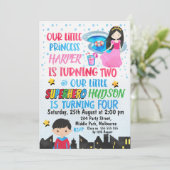 Gezamenlijke superheld en prinses Birthday Uitnodi Kaart (Staand voorkant)