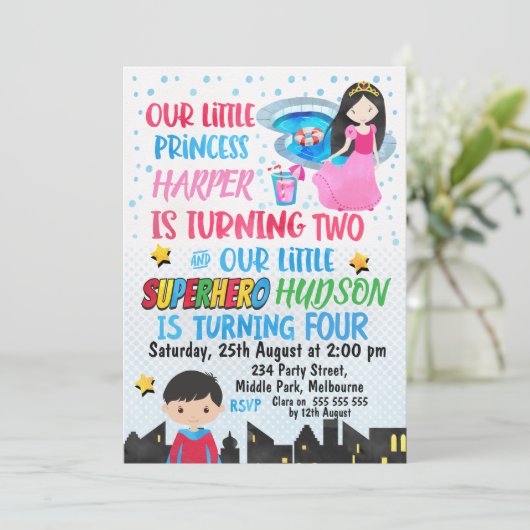 Gezamenlijke superheld en prinses Birthday Uitnodi Kaart (Staand voorkant)