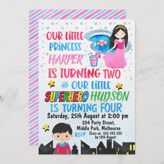 Gezamenlijke superheld en prinses Birthday Uitnodi Kaart (Voorkant / Achterkant)