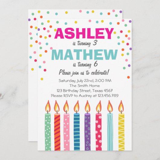 Gezamenlijke tweeledige uitnodiging voor verjaarda (Voorkant / Achterkant)