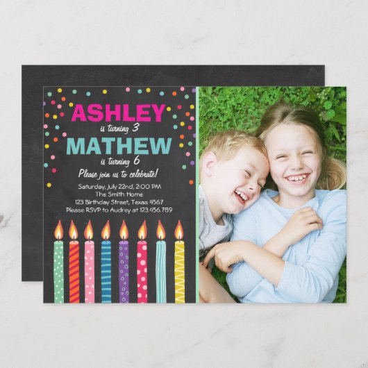 Gezamenlijke tweeledige uitnodiging voor verjaarda (Voorkant / Achterkant)