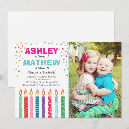 Gezamenlijke tweeledige uitnodiging voor verjaarda (Voorkant / Achterkant)