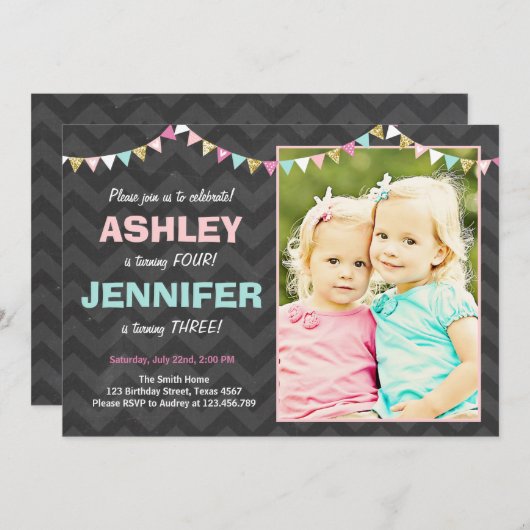 Gezamenlijke tweeling verjaardag uitnodiging Twins (Voorkant / Achterkant)