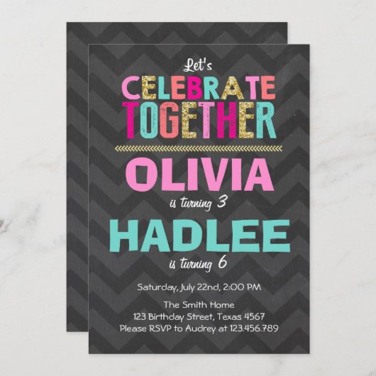 Gezamenlijke tweeling verjaardagsfeest uitnodiging (Voorkant / Achterkant)