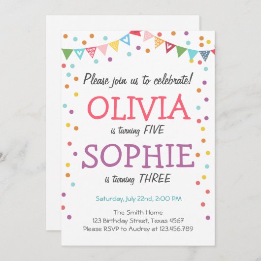 Gezamenlijke tweeling verjaardagsfeestuitnodiging  kaart (Voorkant / Achterkant)