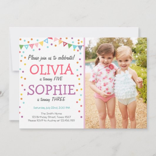 Gezamenlijke tweeling verjaardagsfeestuitnodiging kaart (Voorkant)