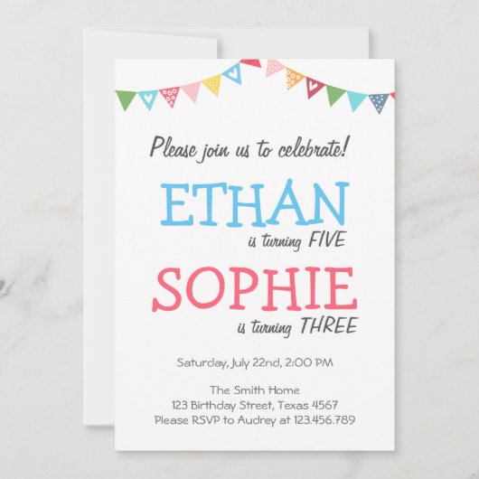 Gezamenlijke tweeling verjaardagsfeestuitnodiging kaart (Voorkant)