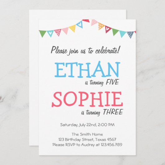 Gezamenlijke tweeling verjaardagsfeestuitnodiging  kaart (Voorkant / Achterkant)