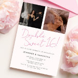 Gezamenlijke Verjaardag Dubbele Viering Roze Zoet  Kaart<br><div class="desc">Moderne verjaardagsfeestuitnodiging voor een dubbel Sweet 16 verjaardagsfeest! Deze leuke gezamenlijke uitnodiging voor verjaardagsfeestjes heeft twee foto's en een roze kleurenpalet.</div>