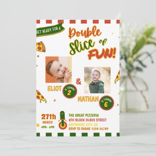 Gezamenlijke verjaardag Pizza Party Uitnodiging me (Staand voorkant)