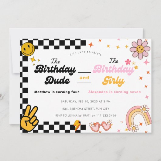 Gezamenlijke Verjaardag Zusje Groovy Dubbele Vieri Kaart (Voorkant)