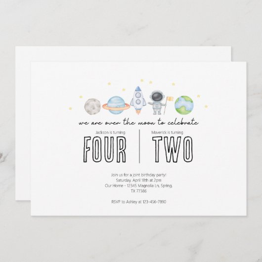 Gezamenlijke verjaardagsuitnodiging - Space Theme Kaart (Voorkant / Achterkant)