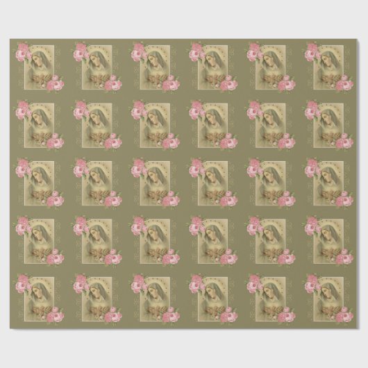 Gezegeld immaculair hart van Mary met roze rozen Cadeaupapier (Vlak)