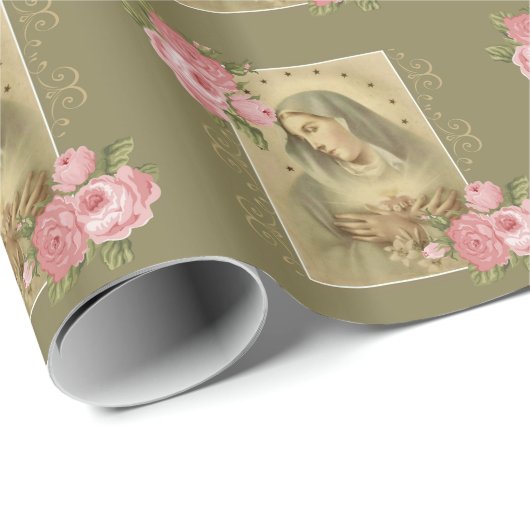 Gezegeld immaculair hart van Mary met roze rozen Cadeaupapier (Rol Hoek)