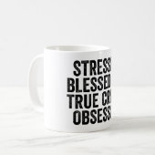 Gezegelde en echte misdaad geobsedeerd koffiemok (Voorkant links)