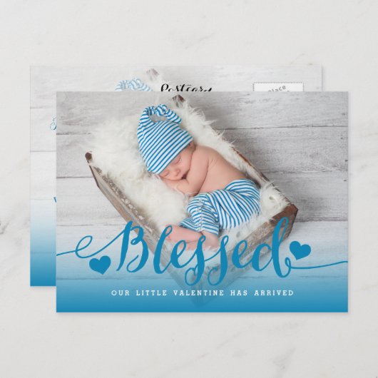 Gezegend | Aankondiging blauwe Valentijn geboorte Briefkaart (Voorkant / Achterkant)