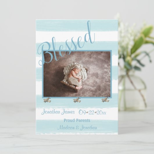 Gezegend Blauw Foto Manuscript Personalize Boy Bir Aankondiging (Staand voorkant)