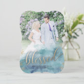 Gezegend Blauw Waterverf Bruiloft Foto Kerstmis Feestdagenkaart (Staand voorkant)