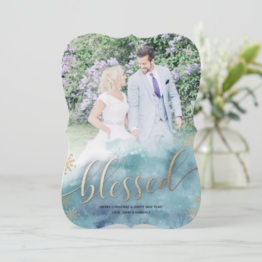 Gezegend Blauw Waterverf Bruiloft Foto Kerstmis Feestdagenkaart (Staand voorkant)