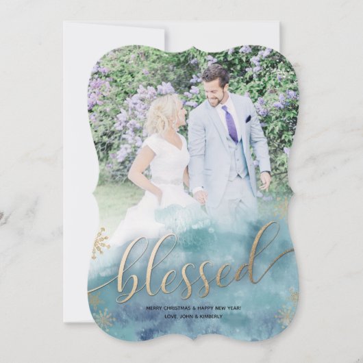 Gezegend Blauw Waterverf Bruiloft Foto Kerstmis Feestdagenkaart (Voorkant)