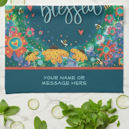 Gezegend Bloemen Bijen Harten Leuke Quote Naam Theedoek (Gevouwen)