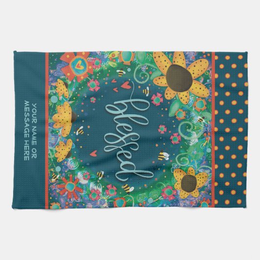 Gezegend Bloemen Bijen Harten Leuke Quote Naam Theedoek (Horizontaal)