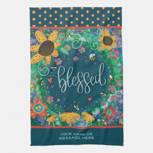 Gezegend Bloemen Bijen Harten Leuke Quote Naam Theedoek (Verticaal)