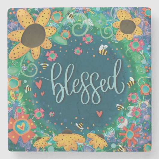 Gezegend  bloemig Schattige hommel Stenen Onderzetter (Voorkant)