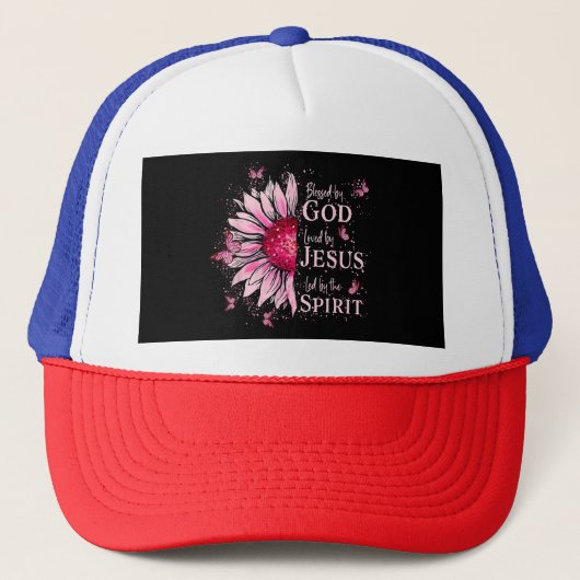 Gezegend door God - Geliefd bij Jezus Roze Zonnebl Trucker Pet (Voorkant)