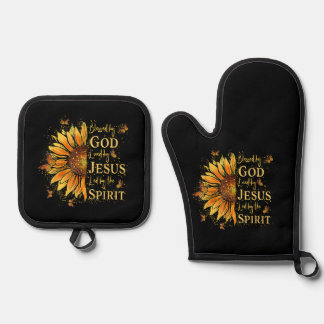 Gezegend door God - Geliefd door Jezus, Zonnebloem Ovenwant & Pannenlap Set